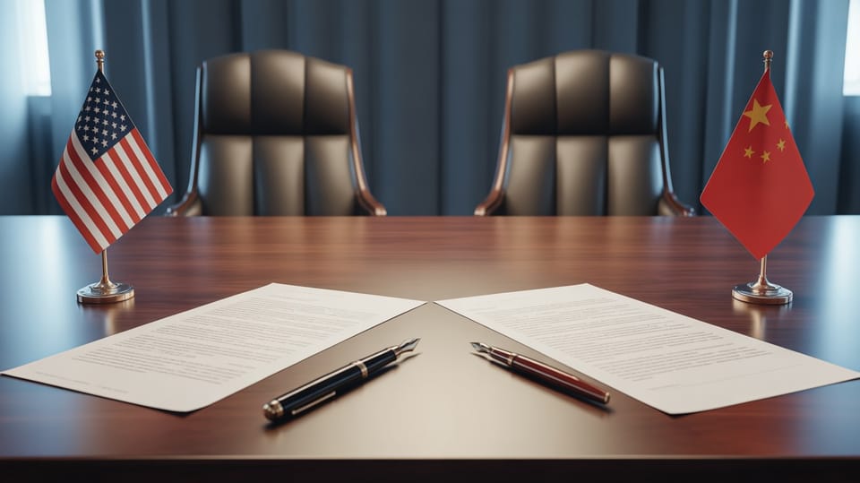 Empty diplomatic negotiation table with unsigned documents and unused pens between US and China flags after Trump-Xi meeting October 2025